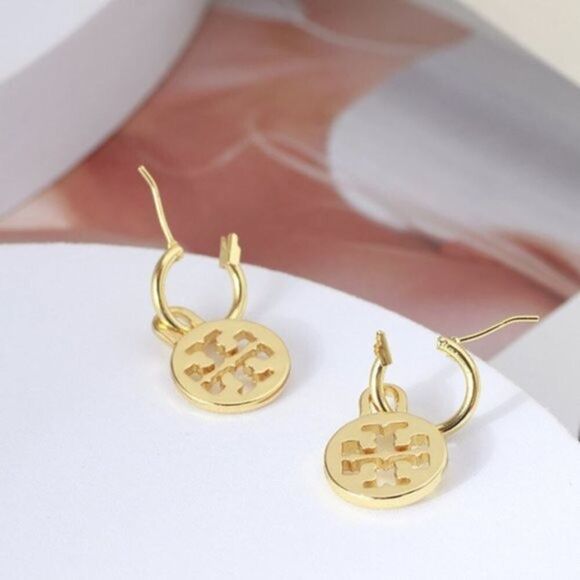 Tory Burch Gold Logo Circle Drop Hoop Earrings - Picture 3 of 5